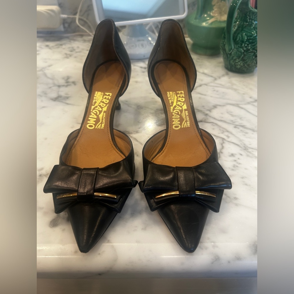 Salvatore Ferragamo Black Leather Kitten Heels with Bow